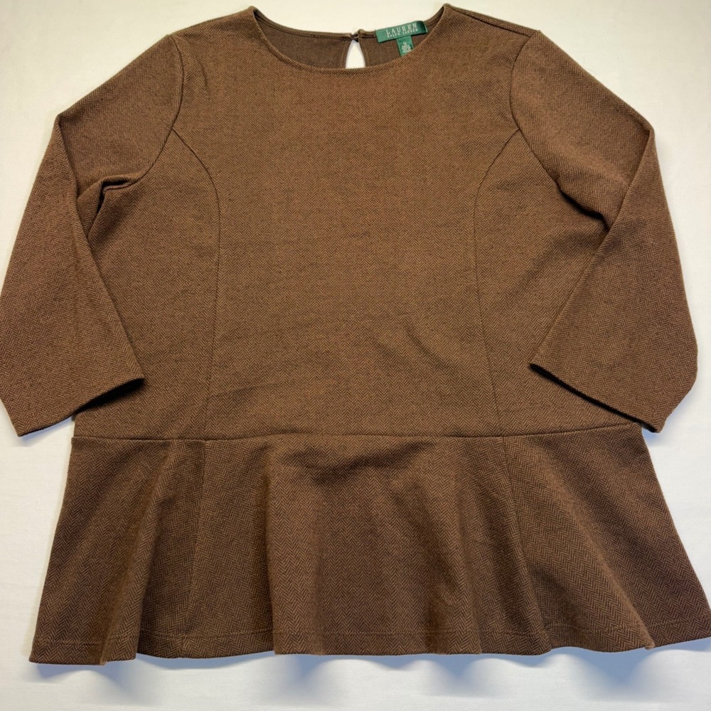 Lauren Ralph Lauren Peplum Top 1X Brown Herringbone 3/4 Sleeve Womens Stretch
